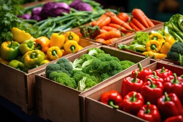 Fresh vegetables in cardboard boxes on market.