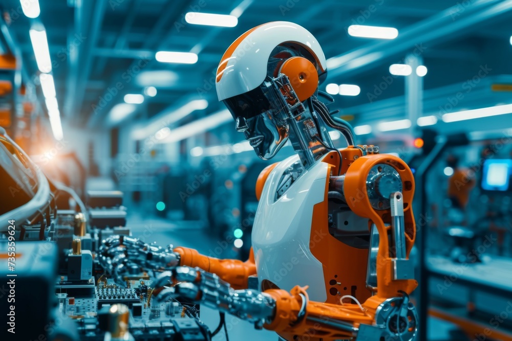 Poster advanced orange and white robotic arms engaged in manufacturing tasks within a smart factory environ
