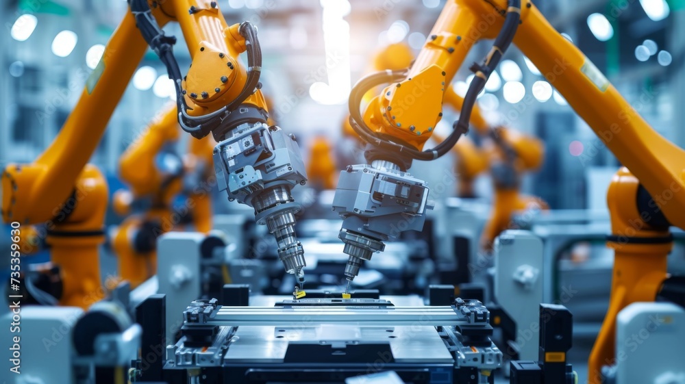 Poster robotic arms with fine precision tools assembling electronic components on a clean and modern produc