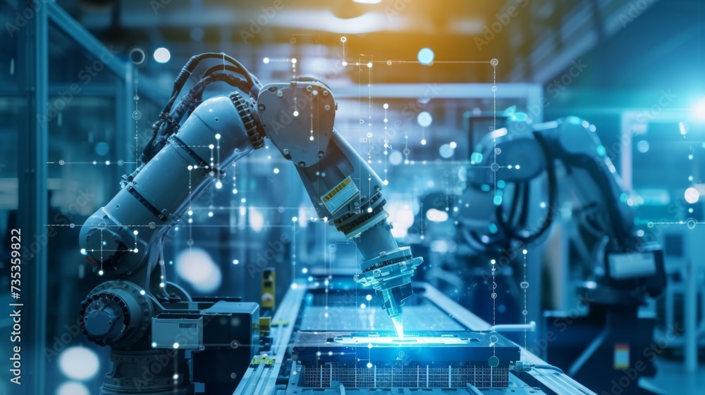 Poster futuristic robotic arm with holographic projection working on electronic components in a high-tech i