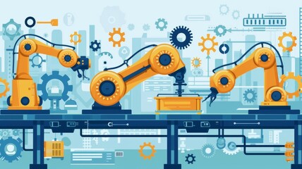 Illustrative stylized image of industrial robotic arms engaged in manufacturing on a blue technical background