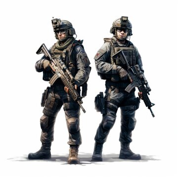 Illustrated soldiers in full combat gear with advanced weaponry and tactical equipment on a white background