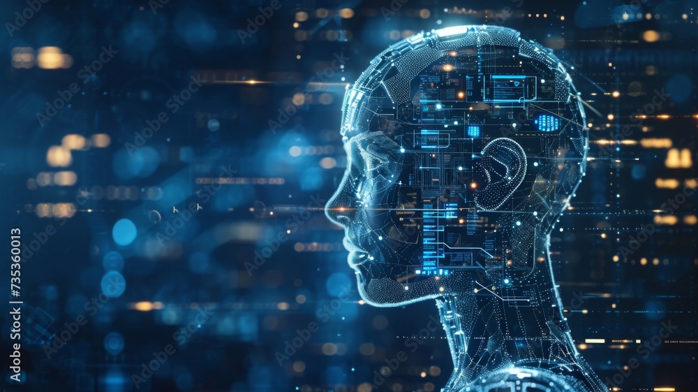 Poster digital representation of a human profile with a network overlay, symbolizing the fusion of human an