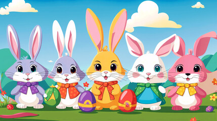 Obraz na płótnie Canvas Joyful Easter Bunnies with Colorful Eggs in Springtime