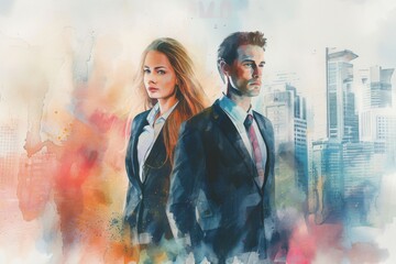 Watercolor painting of a man and woman in business attire against a cityscape, merging realism with abstract art