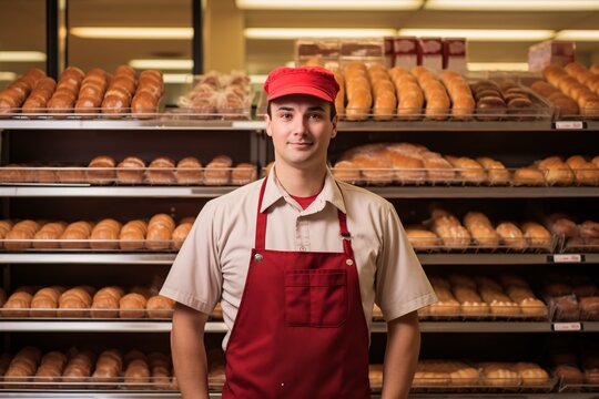 a man in a red apron standing in front of shelves of bread