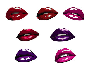 Obraz premium Vector art of glossy and stunning women’s lips, lipstick kiss, illustration set isolated in white background. 