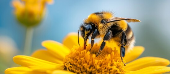 Beautiful close-up shot of a bee pollinating a vibrant yellow flower in a garden on a sunny day
