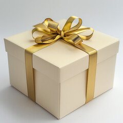 Obraz premium Single Gift Box with Gold Ribbon on Pure White Background