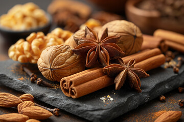 Star anise, cinnamon sticks and various nuts lyin.