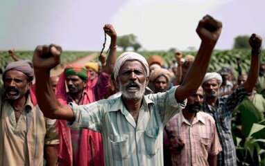 Elderly farmer leading a group of protesters, all raising their fists in solidarity.