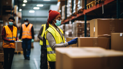 Focused warehouse worker in safety vest and face mask scanning packages - obrazy, fototapety, plakaty