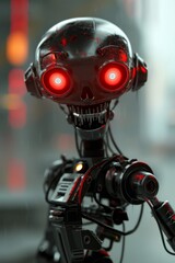 Fototapeta premium Sinister Robot With Glowing Red Eyes and Red Light on Head Against Dark Backdrop