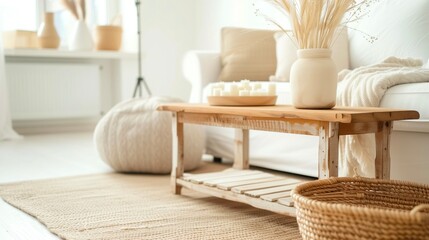 Wooden coffee table and wicker basket near the white sofa in the living room with minimal style.