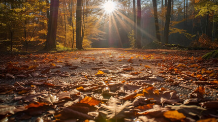 A leaf covered path lit up by the sun and creating a beautiful contrast against the shadows of the surrounding trees.
