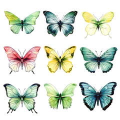 Colorful watercolor butterflies collection isolated on white background