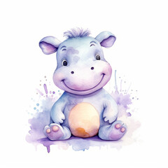 Adorable smiling cartoon hippopotamus with a playful watercolor splash background