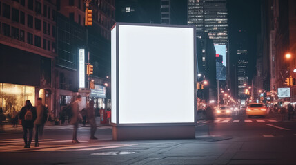 Illuminated blank billboard in the city at night with walking people and traffic