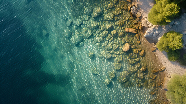 An electric blue body of water next to a rocky shoreline seen from above