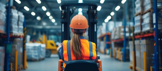 Confident female worker in hard hat and safety vest operating a forklift in industrial warehouse