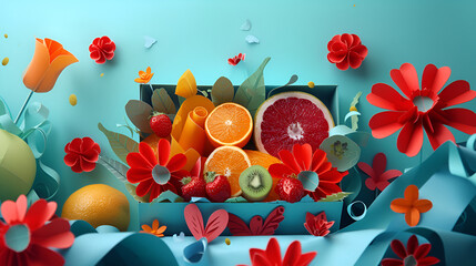 Aqua toy, red flower, orange petal in azure box of fruits flowers on table