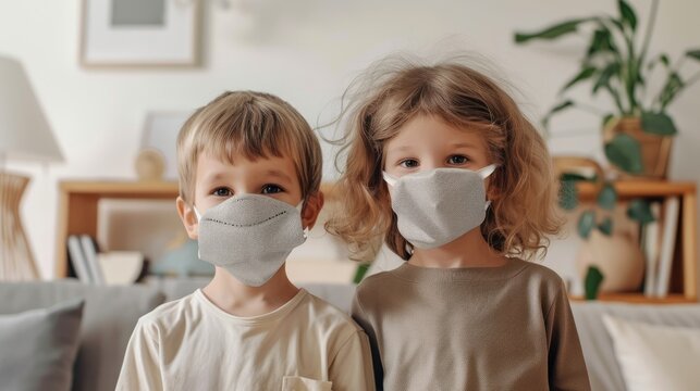Portrait of Two Young Children Wearing Fabric Masks Indoors, Looking at Camera with Calm Expressions