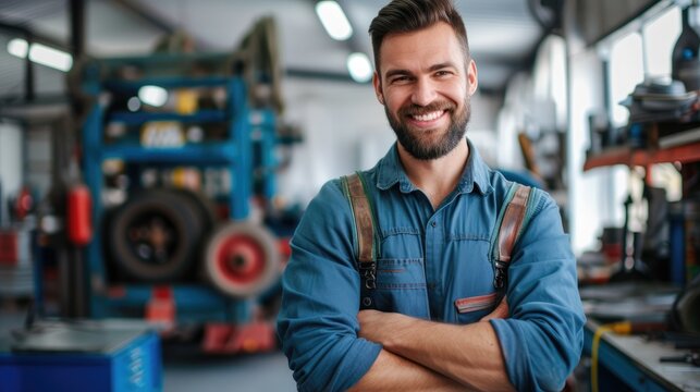Smiling mechanic with arms crossed in a well-equipped workshop