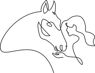 Woman feeds horse. Continuous one line drawing art.