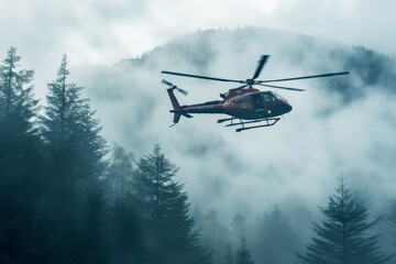 Helicopter flying through a mountain valley with mist. Modern aviation and travel concept. Rescue and emergency services. Design for banner, poster with copy space - Powered by Adobe