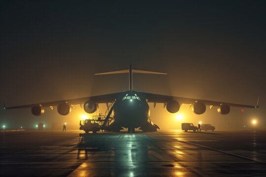 Large military transport aircraft on tarmac at night. Military aviation and technology concept. Warplane, fighter, air force. Design for banner, wallpaper, poster