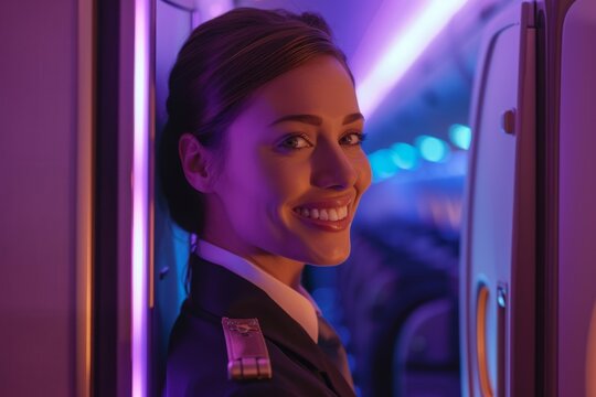 Smiling female flight attendant inside aircraft. Modern aviation concept. Travel background. Passenger airliner, commerical aircraft. Design for banner, poster