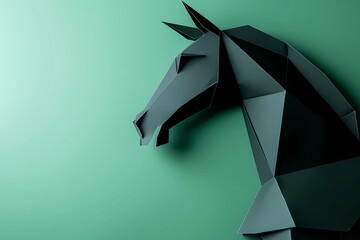 origami black horse on green background