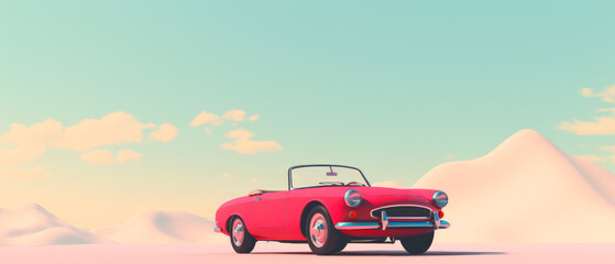 Fototapeta na wymiar Classic Red Convertible Vintage Car Parked on a Pastel Desert Landscape Under a Soft Sky with Fluffy Clouds