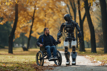 A determined man in a wheelchair braves the autumn park, pushing his trusty robot companion as they navigate through the golden trees and crisp grass, both donning sturdy outdoor clothing and footwea