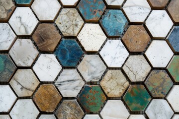 the tile pattern is made with white, blue, brown and green hexagonal tiles Generative AI
