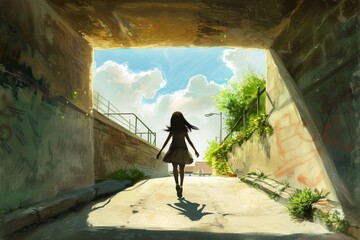 Woman Walking Down a Tunnel Towards the Sky