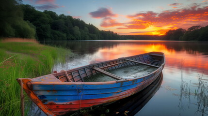 An old, colorful rowboat is moored on the calm waters of a lake, with a stunning sunset in the...