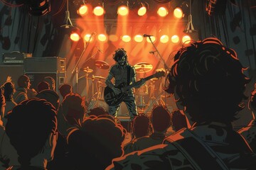 Fototapeta na wymiar Man Playing Guitar in Front of Crowd