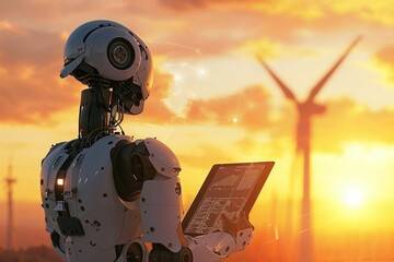 Amidst the peaceful sky, a robotic figure stands outdoors, its tablet displaying a breathtaking sunset behind a majestic windmill, evoking a sense of wonder and harmony with nature