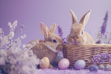 Fototapeta na wymiar Easter Bunnys with Basket of purple flowers and Easter eggs. Happy Easter background. Purple background.