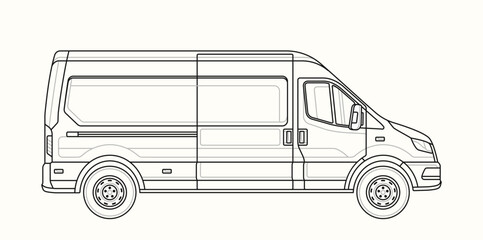 Van linear side view. Contour sketch of transport. Minimalistic creativity and art. Transportation and delivery. Poster or banner. Outline flat vector illustration isolated on white background © Rudzhan