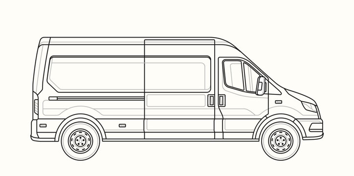 Van linear side view. Contour sketch of transport. Minimalistic creativity and art. Transportation and delivery. Poster or banner. Outline flat vector illustration isolated on white background