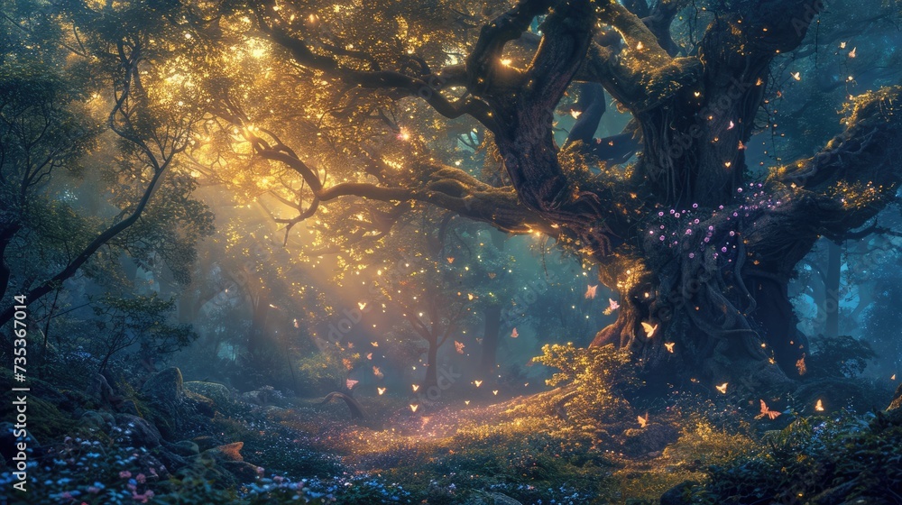Poster a magical forest at twilight, ethereal light filtering through trees, fairies dancing around an anci