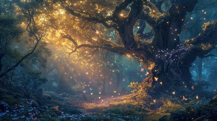 A magical forest at twilight, ethereal light filtering through trees, fairies dancing around an ancient oak. Resplendent. - obrazy, fototapety, plakaty