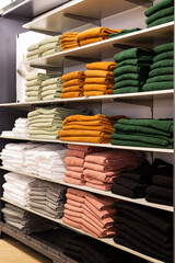 Assortment of luxurious bath towels stacked neatly on shelves in a spectrum of colors: mustard yellow, sage green, crisp white, dusty rose, muted grey, and black