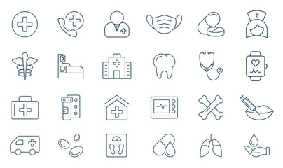 Hospital and medical care line icon set. concept of healthcare icons vector illustration - obrazy, fototapety, plakaty