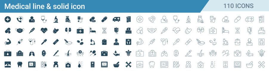 Set of medical and healthcare line and solid icons vector. icons such as medicine, injection, x-ray, bone, tooth, and hospital illustration - obrazy, fototapety, plakaty