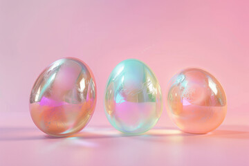 Easter eggs made out of glass with holographic shine. Pink background. Celebrating a Happy Easter. 