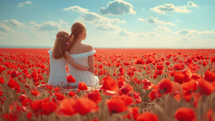 A girl hugs her older sister sitting in the middle of a field of red poppies looking at the horizon on a beautiful spring afternoon, connecting with nature