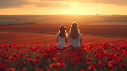 Fototapeten view from behind A mother and daughter sitting in the middle of a field of red poppies looking at the sunset on the horizon in the golden hour.Welcoming spring and hello. © SnapVault